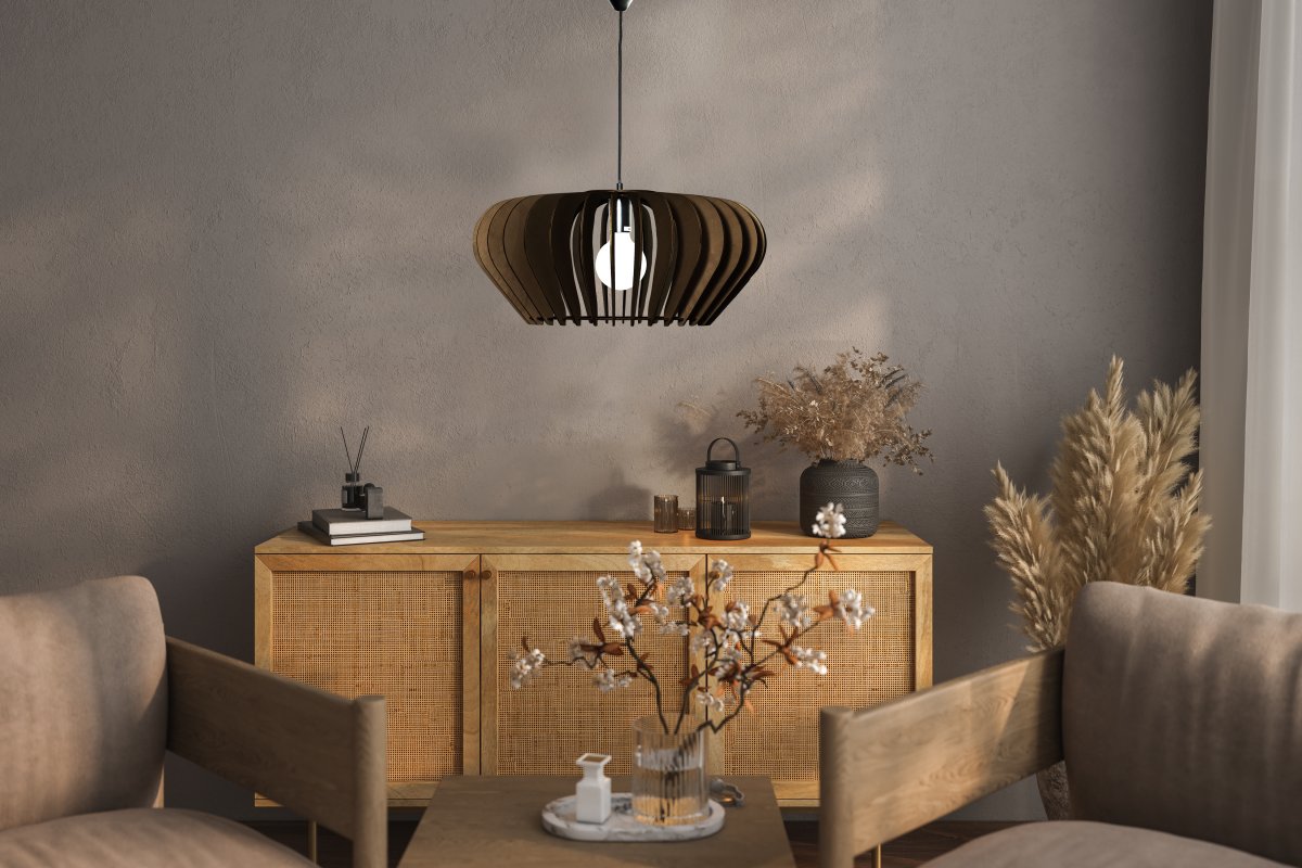 Calyps Ø55 Brun Taklampe Fra Aneta Lighting - Den elegante taklampen Calyps består av kryssfinerlameller i en mykt avrundet form som skaper en vakker lys- og skyggeeffekt.