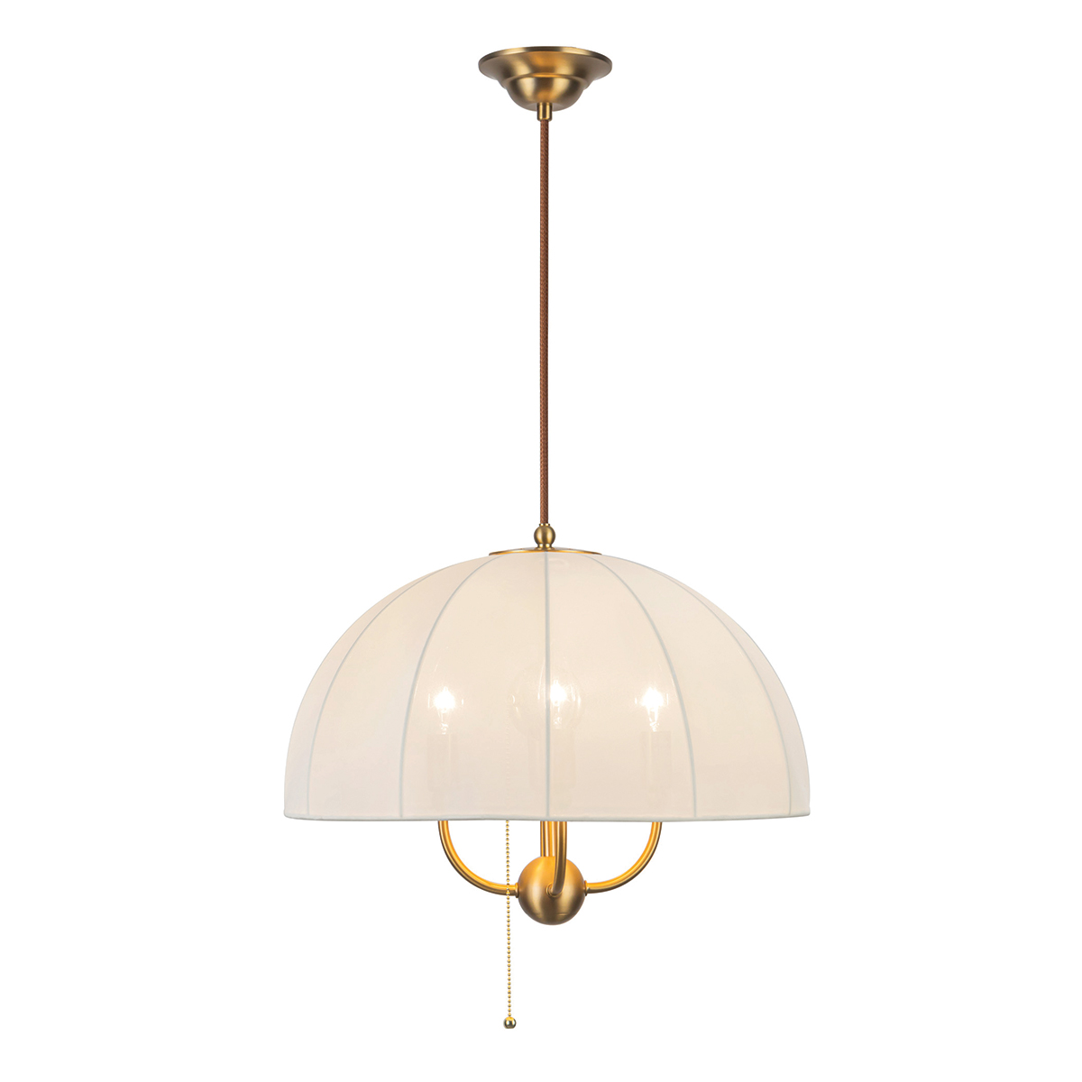 Crosby Ø45 Børstet gull Taklampe Fra Elstead Lighting - Lampen er laget av metall med b&oslash;rstet gullfinish og er kombinert med en buet skjerm i tynt, lett stoff som slipper lyset fint gjennom.