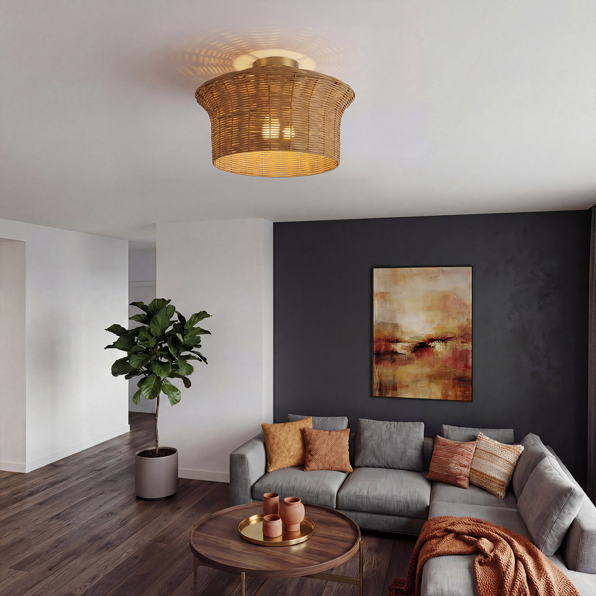 Kai Ø40 Natur plafond Fra Elstead Lighting - Kai er en dekorativ taklampe som kombinerer metall med en rottingskjerm i kurv.