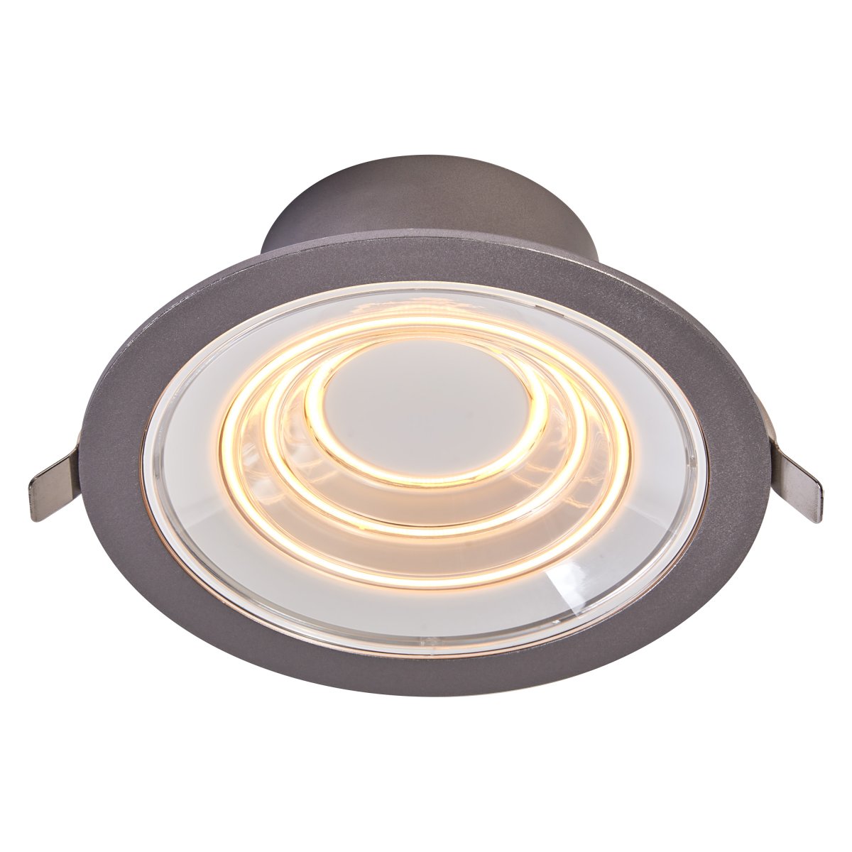 Decor Filament Ripple 9W Aluminium Fra Ledvance - I det f&oslash;rste laget lyser den lille sirkelen i midten, i det andre laget lyser den andre sirkelen, i det tredje laget lyser den tredje ytterste sirkelen, og i det fjerde laget lyser alle tre samtidig.
