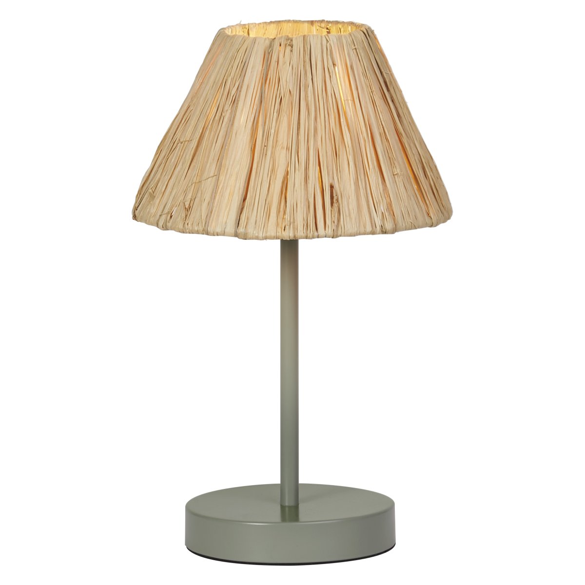 Raffia 33cm Natur bordlampe Fra Osram - Skjermen laget av raffia-palmer i kombinasjon med det gr&oslash;nne metallet bidrar med en varm og naturlig atmosf&aelig;re til rommet.
