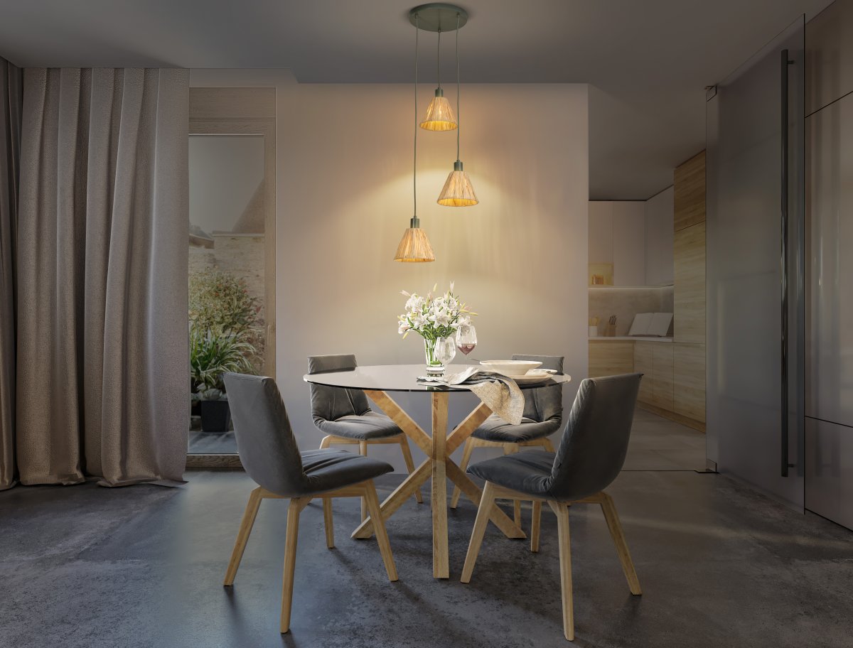 Raffia Ø43 Natur Taklampe Fra Ledvance - Skjermene laget av raffia-palmer i kombinasjon med det grønne metallet bidrar med en varm og naturlig atmosfære til rommet.