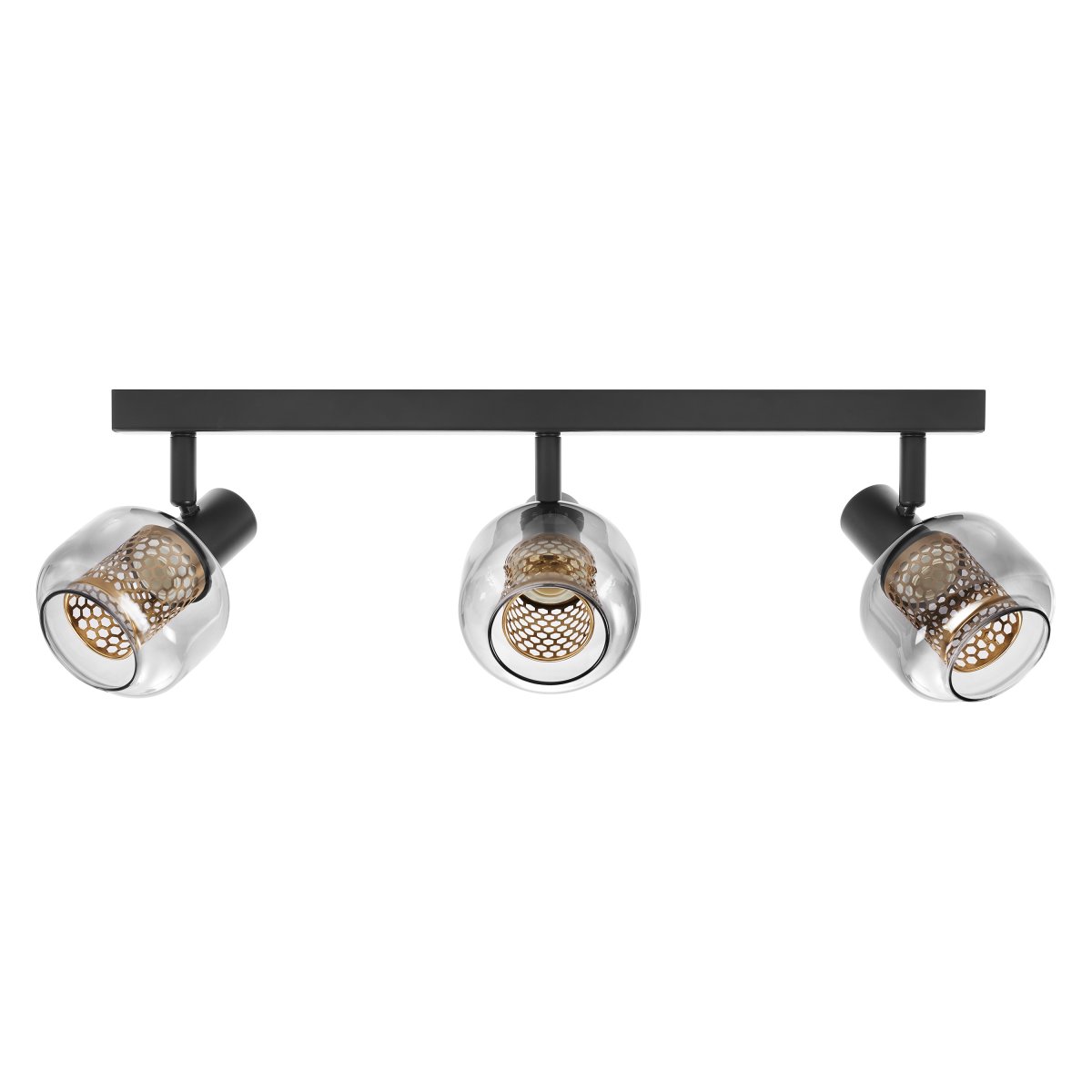 Firefly 3 Svart spotlight Fra Osram - De r&ouml;rliga spotlightsen med sk&auml;rmar av gr&aring;tonat glas i kombination med de guldiga detaljh&ouml;ljet som omfamnar ljusk&auml;llorna bidrar med en elegans till rummet.