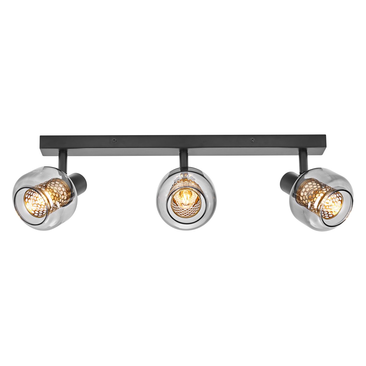 Firefly 3 Svart spotlight Fra Osram - De r&ouml;rliga spotlightsen med sk&auml;rmar av gr&aring;tonat glas i kombination med de guldiga detaljh&ouml;ljet som omfamnar ljusk&auml;llorna bidrar med en elegans till rummet.