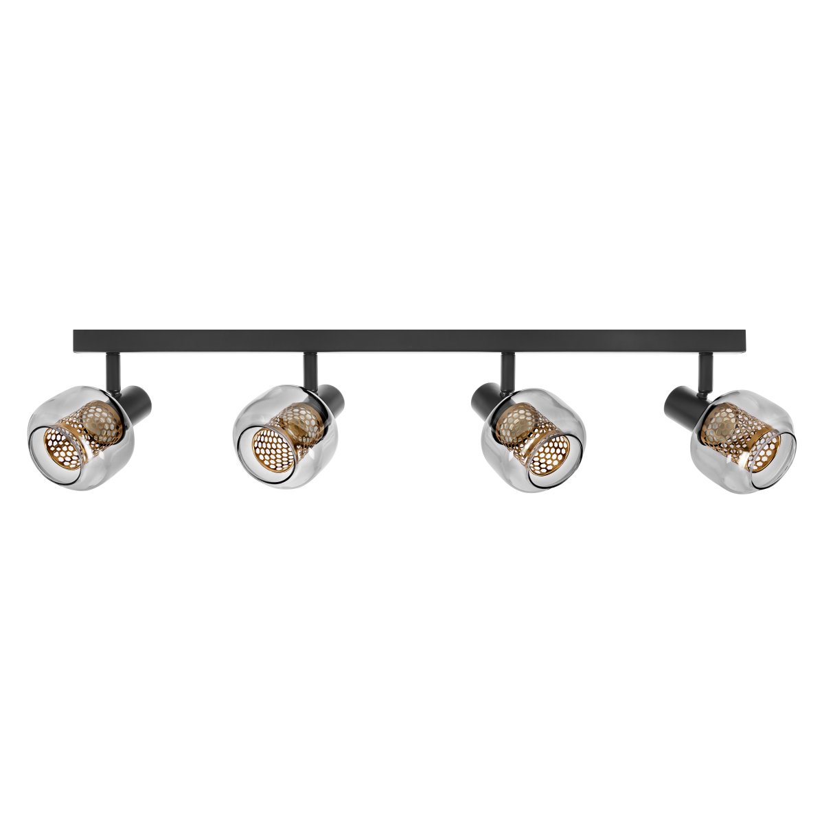 Firefly 4 Svart spotlight Fra Ledvance - De r&ouml;rliga spotlightsen med sk&auml;rmar av gr&aring;tonat glas i kombination med de guldiga detaljh&ouml;ljet som omfamnar ljusk&auml;llorna bidrar med en elegans till rummet.