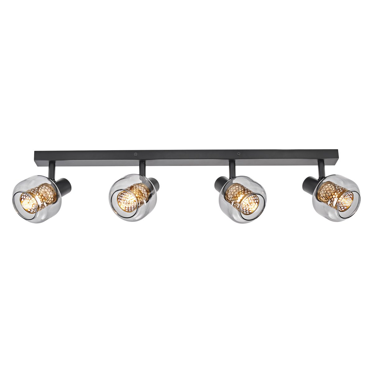 Firefly 4 Svart spotlight Fra Ledvance - De r&ouml;rliga spotlightsen med sk&auml;rmar av gr&aring;tonat glas i kombination med de guldiga detaljh&ouml;ljet som omfamnar ljusk&auml;llorna bidrar med en elegans till rummet.
