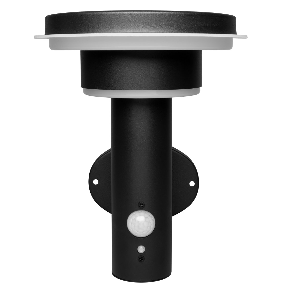 Double Circle Sensor Svart solcellelampe Fra Ledvance - Den innebygde PIR-bevegelsessensoren og dagslyssensoren slår automatisk på lampen når det er bevegelse i mørket, noe som gir både sikkerhet og energieffektivitet.
