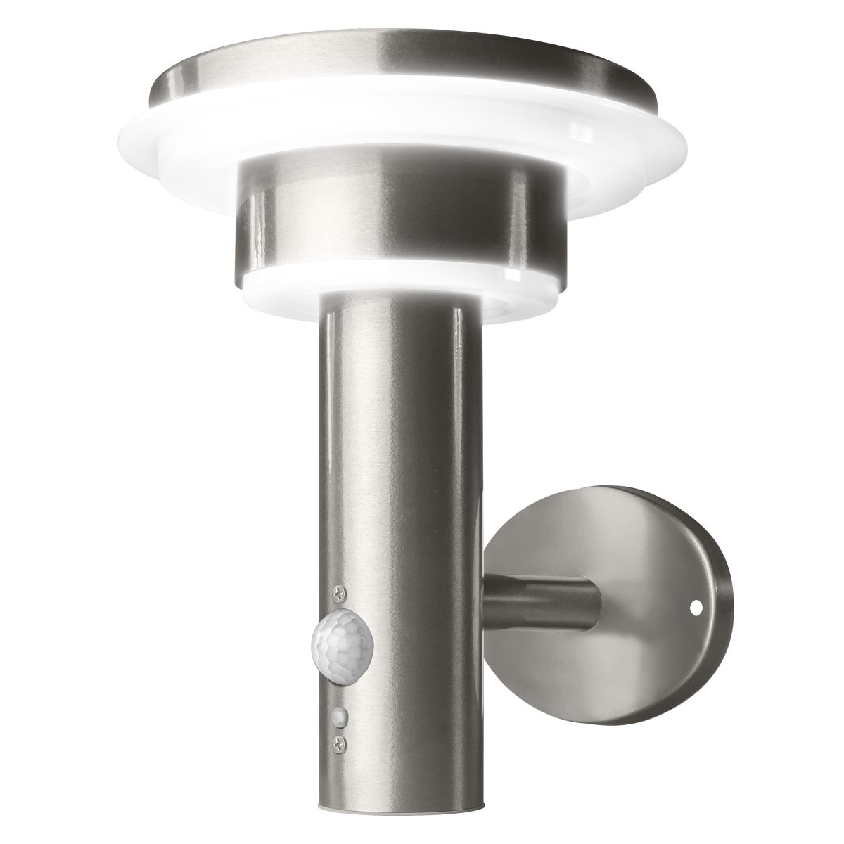 Double Circle Sensor Sølv solcellelampe Fra Ledvance - Den innebygde PIR-bevegelsessensoren og dagslyssensoren slår automatisk på lampen når det er bevegelse i mørket, noe som gir både sikkerhet og energieffektivitet.