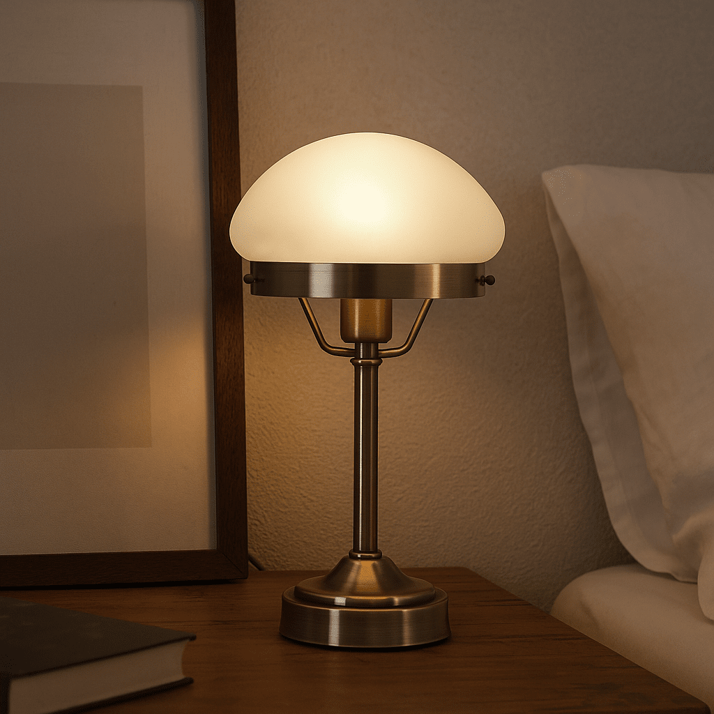 Jas 30cm Antikk messing bordlampe Fra Lampan - Den har en metallbase med antikk messingfinish og en kuppelformet hvit glassskjerm som sprer et mykt og behagelig lys.