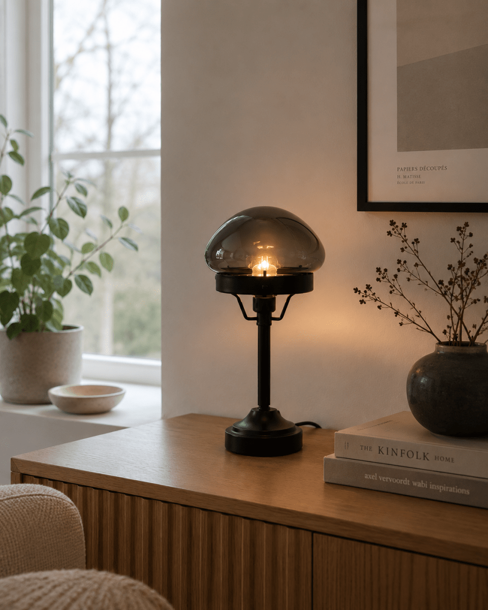 Jas 30cm Svart bordlampe Fra Lampan - Den har en svart metallbase og en kuppelformet lampeskjerm i r&oslash;kt glass som sprer et mykt og behagelig lys.