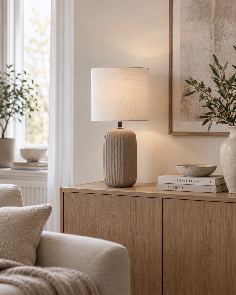 Palizzo 33cm Brun bordlampe Fra Nordic Lighting - Basen har en matt, sandlignende finish i en varm brun tone og en ribbet struktur som gir lampen et mykt og dekorativt uttrykk.
