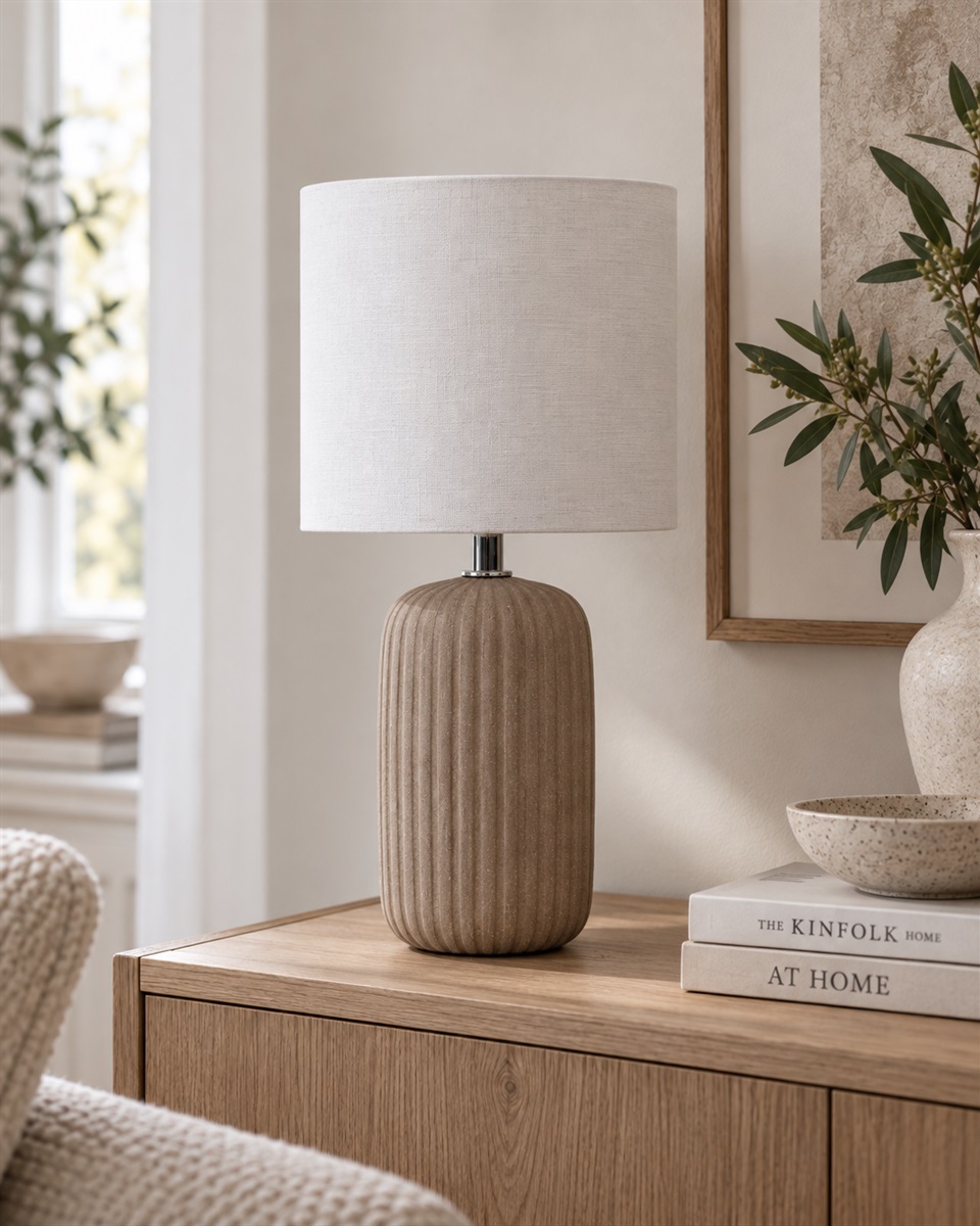 Palizzo 33cm Brun bordlampe Fra Nordic Lighting - Basen har en matt, sandlignende finish i en varm brun tone og en ribbet struktur som gir lampen et mykt og dekorativt uttrykk.