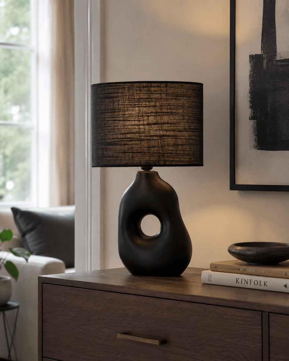 Pikazo 45cm Svart bordlampe Fra Lampan - Pikazo bordlampe i svart har en unik keramisk base med en skulpturell form og et dekorativt, gjennomg&aring;ende hull, komplementert av en matchende, oval linskjerm.