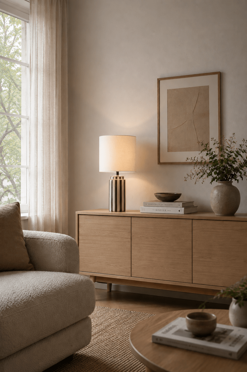 Faro 50cm Brun/hvit bordlampe Fra Nordic Lighting - Lampefoten er laget av keramikk med en kremhvit base og brune striper som gir et livlig, men balansert inntrykk.