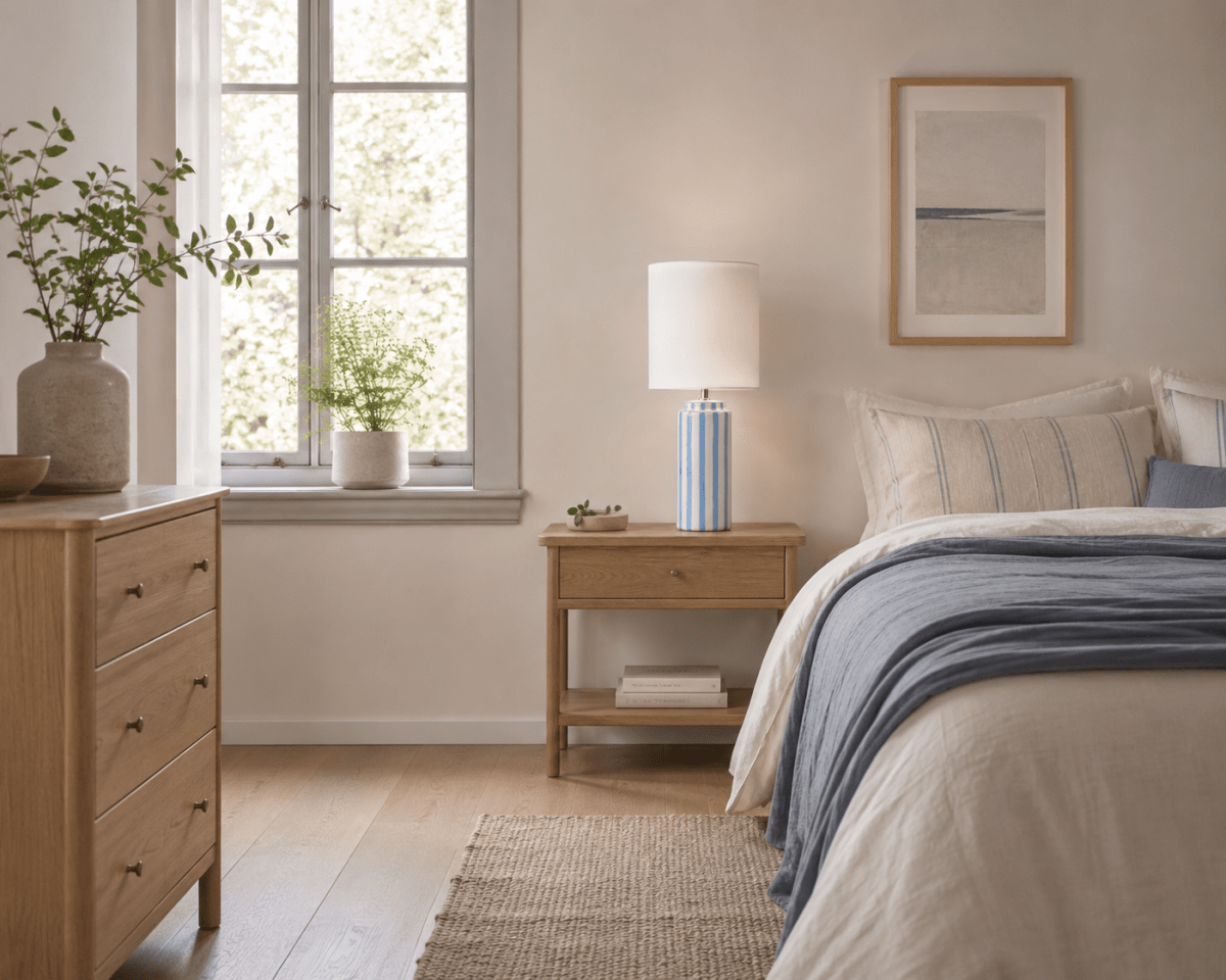 Faro 50cm Lys blå/hvit bordlampe Fra Nordic Lighting - Lampefoten er laget av keramikk med en kremhvit base og lysebl&aring; striper som gir et livlig, men balansert inntrykk.