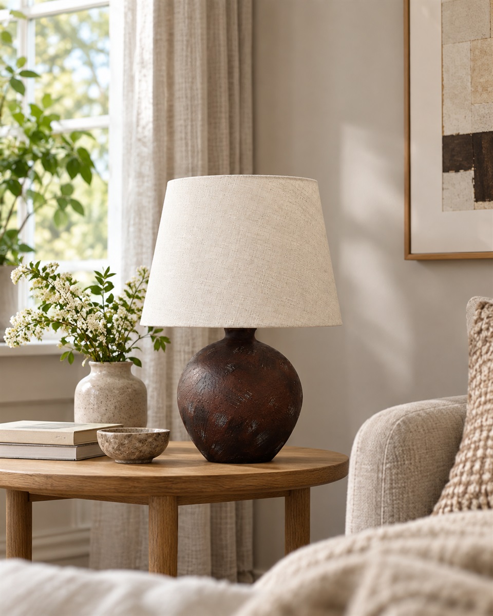 Bellmini 30cm Mørk brun bordlampe Fra Nordic Lighting - Bellmini-bordlampen har en vakker keramisk base i en mørkebrun, rustikk finish og en beige linskjerm.