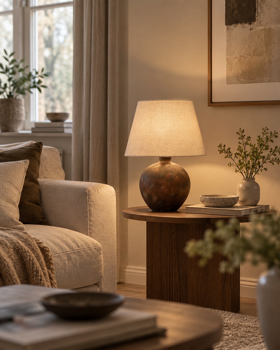 Bellmini 30cm Mørk brun bordlampe Fra Nordic Lighting - Bellmini-bordlampen har en vakker keramisk base i en mørkebrun, rustikk finish og en beige linskjerm.