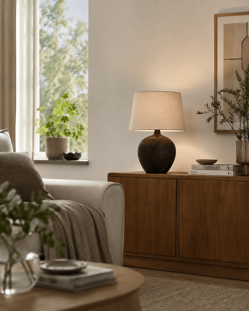 Bella 42cm Mørk brun bordlampe Fra Nordic Lighting - Bella bordlampe har en vakker keramisk base i m&oslash;rkebrun, rustikk finish og en beige linskjerm.