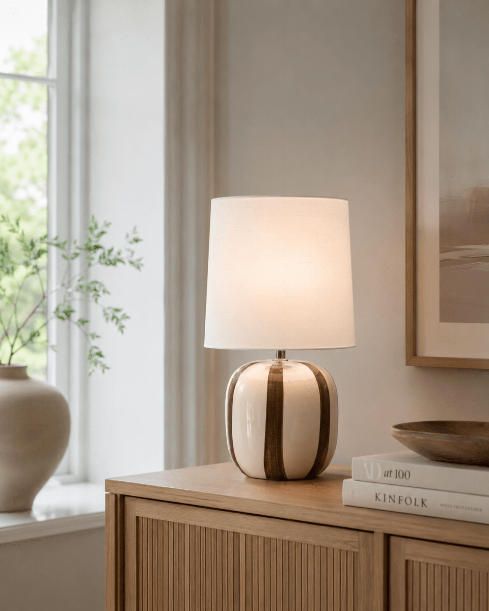 Pholca 38cm Hvit/brun bordlampe Fra Nordic Lighting - Lampefoten er laget av keramikk med en kremhvit base og brune striper som skaper liv og karakter.