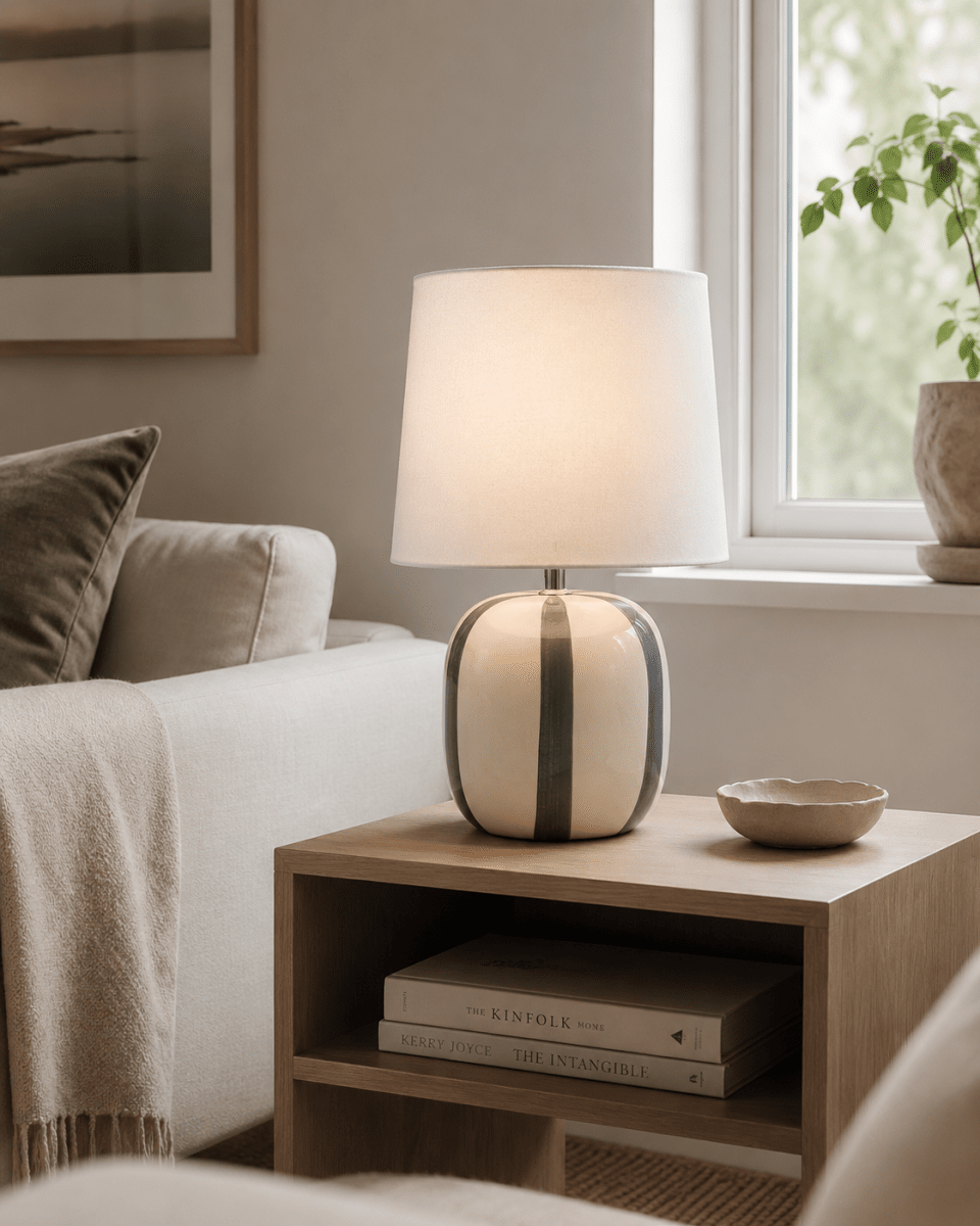 Pholca 38cm Hvit/grå bordlampe Fra Nordic Lighting - Lampefoten er laget av keramikk med en kremhvit base og gr&aring; striper som skaper liv og karakter.