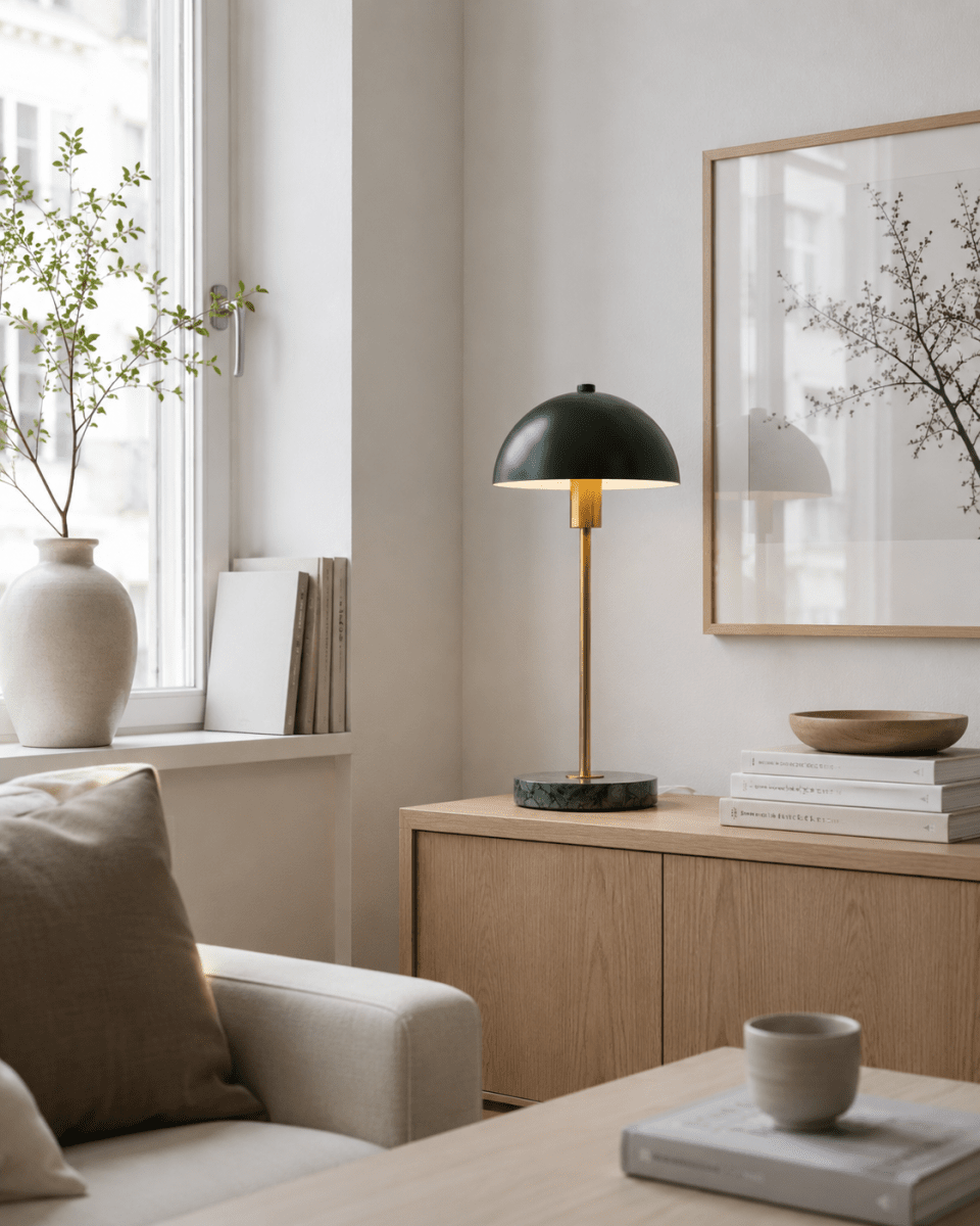 Dito 47cm Grønn bordlampe Fra Nordic Lighting - Den gr&oslash;nne skjermen og marmorbasen skaper et sofistikert uttrykk, mens stangen i skinnende gullfinish gir en varm og luksuri&oslash;s f&oslash;lelse.