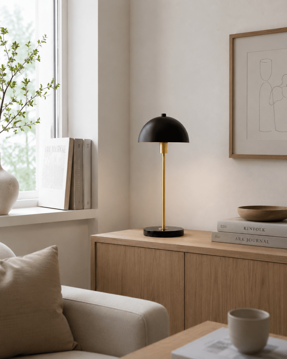 Dito 47cm Svart bordlampe Fra Nordic Lighting - Den svarte skjermen og marmorbasen skaper et sofistikert uttrykk, mens stangen i skinnende gullfinish gir en varm og luksuri&oslash;s f&oslash;lelse.