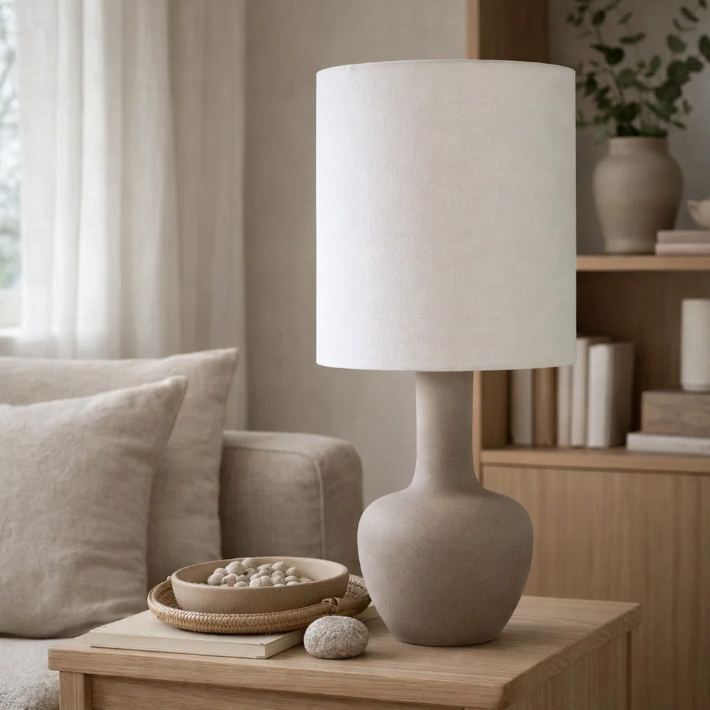 Boda 78cm Sand bordlampe Fra Nordic Lighting - Boda er en stilig bordlampe i keramikk med en naturlig sandfarget fot som gir et mykt og harmonisk uttrykk.