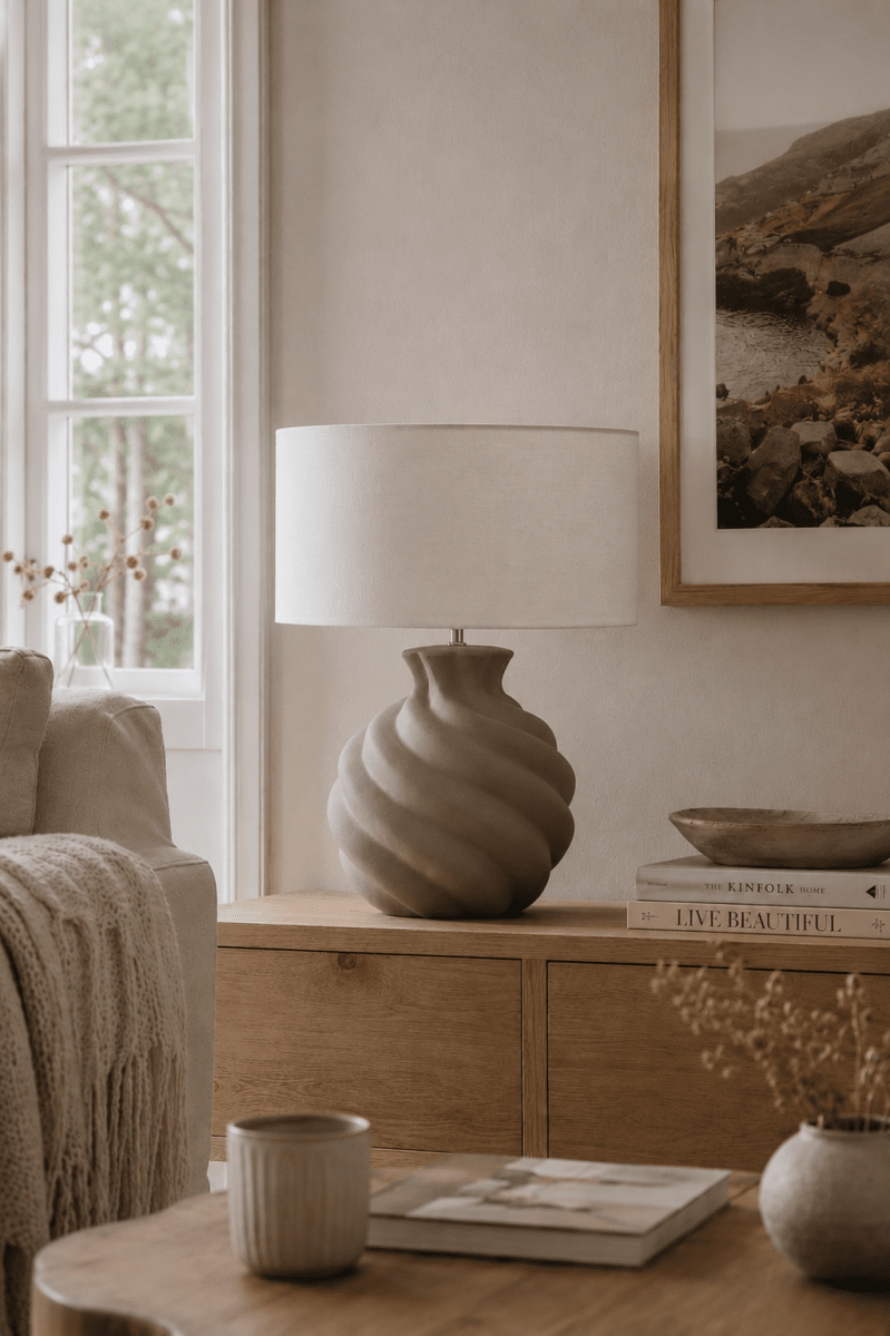 Vindel 52cm Sand bordlampe Fra Lampan - Lampefoten i keramikk har en sandfarget, strukturert overflate og et mykt virvlende design som gir et livlig og skulpturelt uttrykk.