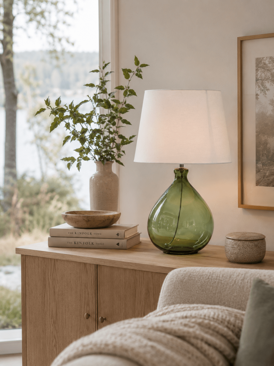 Tasso 55cm Grønn bordlampe Fra Lampan - Tasso er en stilig og dekorativ bordlampe som kombinerer glass og tekstil p&aring; en elegant m&aring;te.