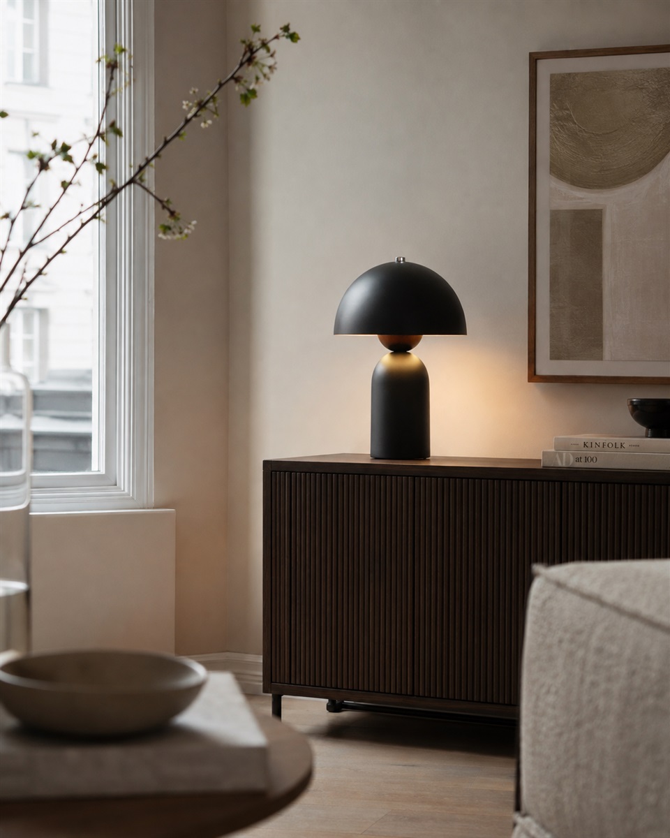 Capello 35cm Svart bordlampe Fra Nordic Lighting - Den dekorative kromdetaljen p&aring; toppen gir et elegant l&oslash;ft og gj&oslash;r lampen til et vakkert innslag i b&aring;de soverom, stuer og ganger.