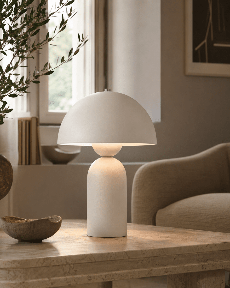 Capello 35cm Hvit bordlampe Fra Nordic Lighting - Den dekorative kromdetaljen p&aring; toppen gir et elegant l&oslash;ft og gj&oslash;r lampen til et vakkert innslag i b&aring;de soverom, stuer og ganger.