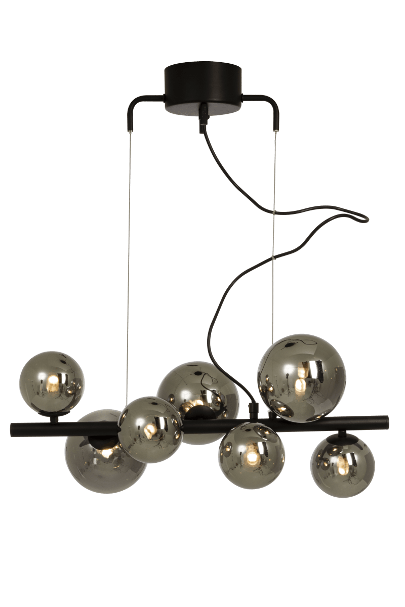 Molekyl 58cm Røykgrå Taklampe Fra Aneta Lighting - MOLEKYL moderne stilig taklampe i sortlakkert metall med 7 røykfargede glasskupler i to forskjellige størrelser.