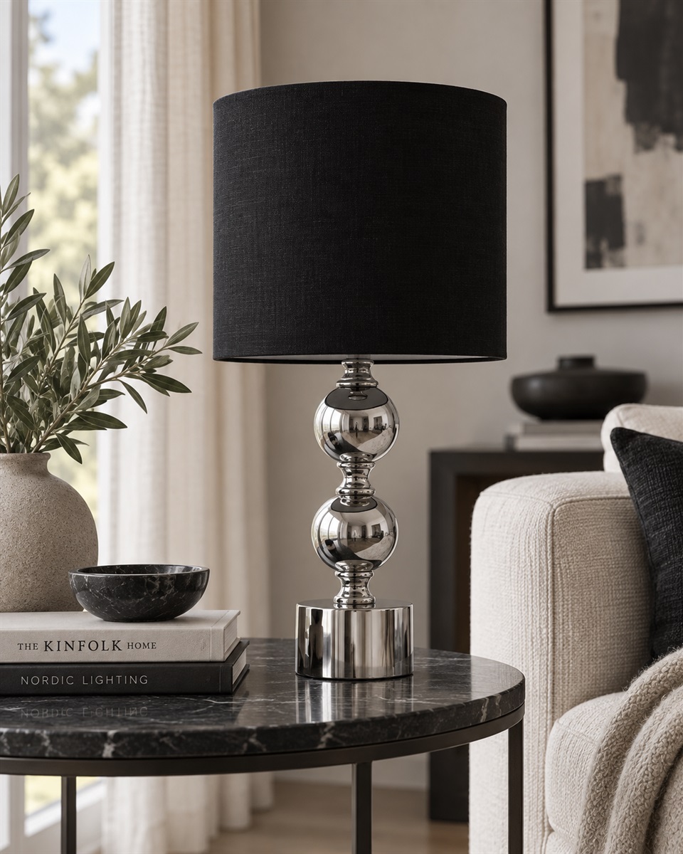 Circolo 48cm Krom/svart bordlampe Fra Nordic Lighting - Circolo bordlampe kombinerer en dekorativ metallbase med en elegant kromfinish og en klassisk svart linskjerm.