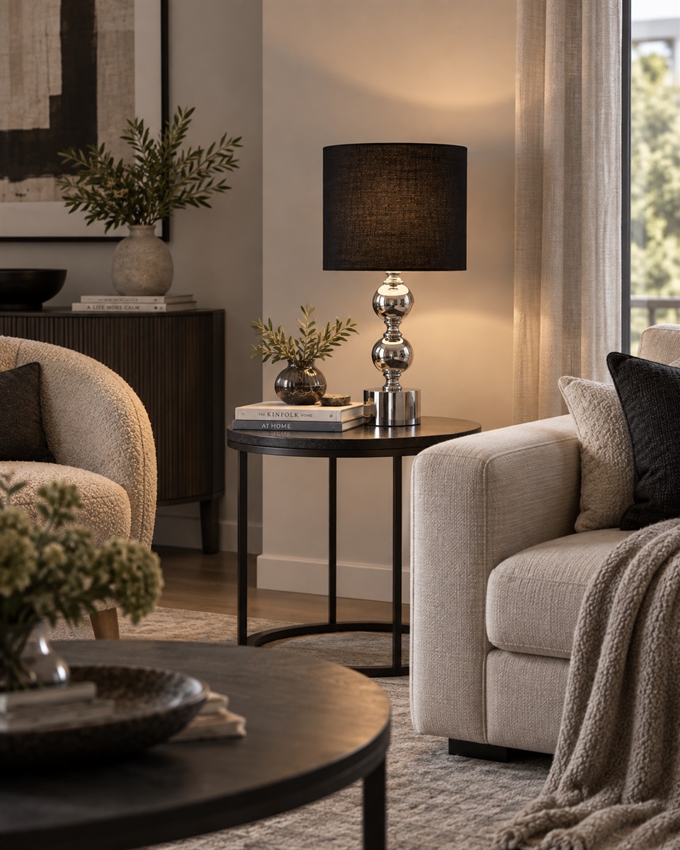 Circolo 48cm Krom/svart bordlampe Fra Nordic Lighting - Circolo bordlampe kombinerer en dekorativ metallbase med en elegant kromfinish og en klassisk svart linskjerm.