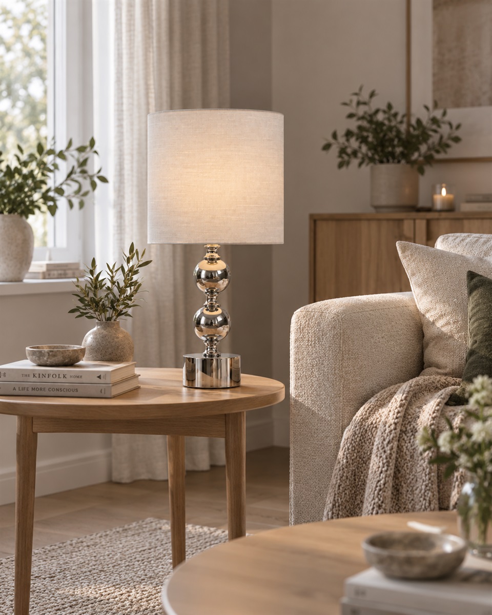 Circolo 48cm Krom/hvit bordlampe Fra Nordic Lighting - Circolo bordlampe kombinerer en dekorativ metallbase med en elegant kromfinish og en klassisk hvit linskjerm.