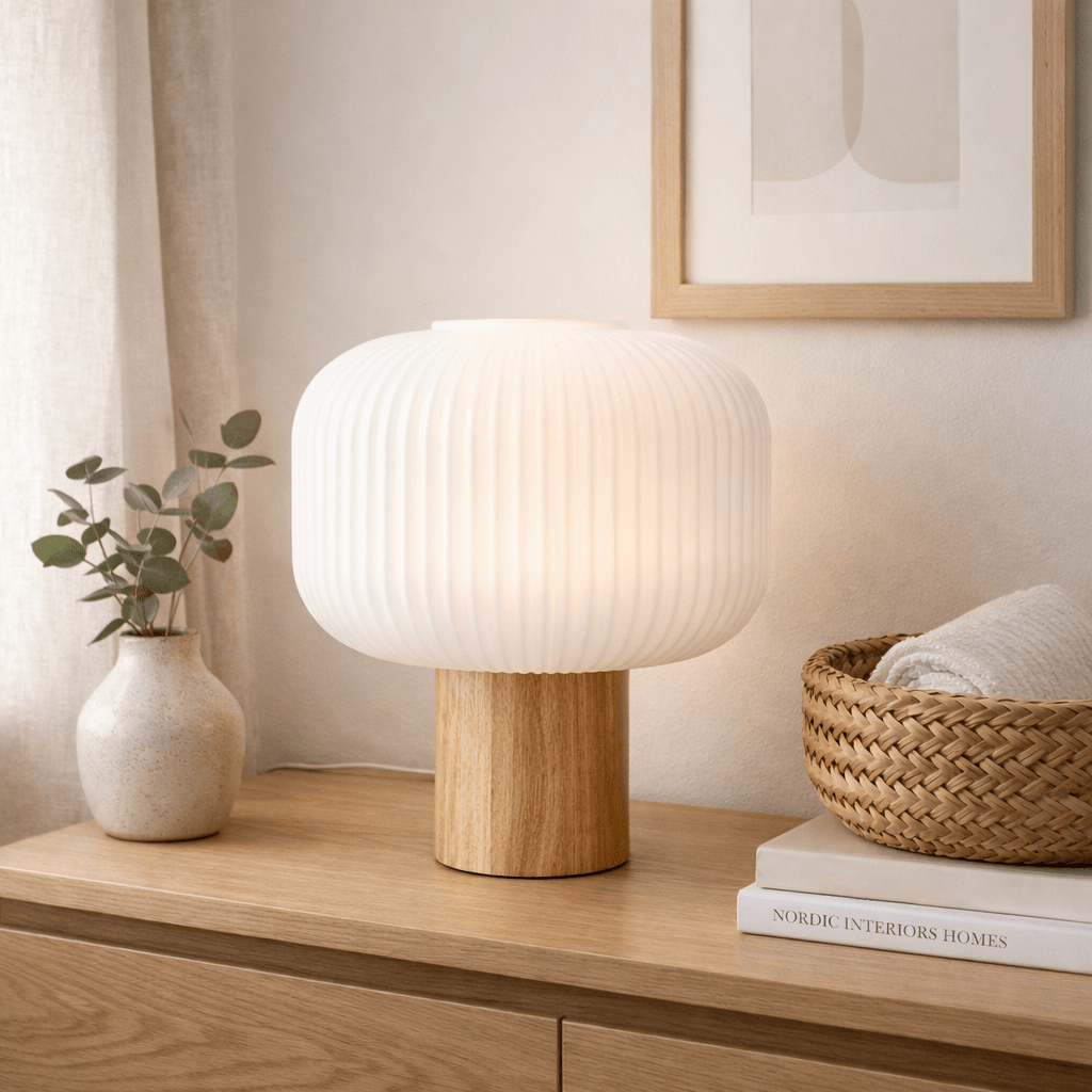Ekerum 34cm Hvit bordlampe Fra Nordic Lighting - Lampefoten i tre gir et varmt og solid uttrykk, mens den hvite, riflede glassskjermen skaper et behagelig og mykt lys.