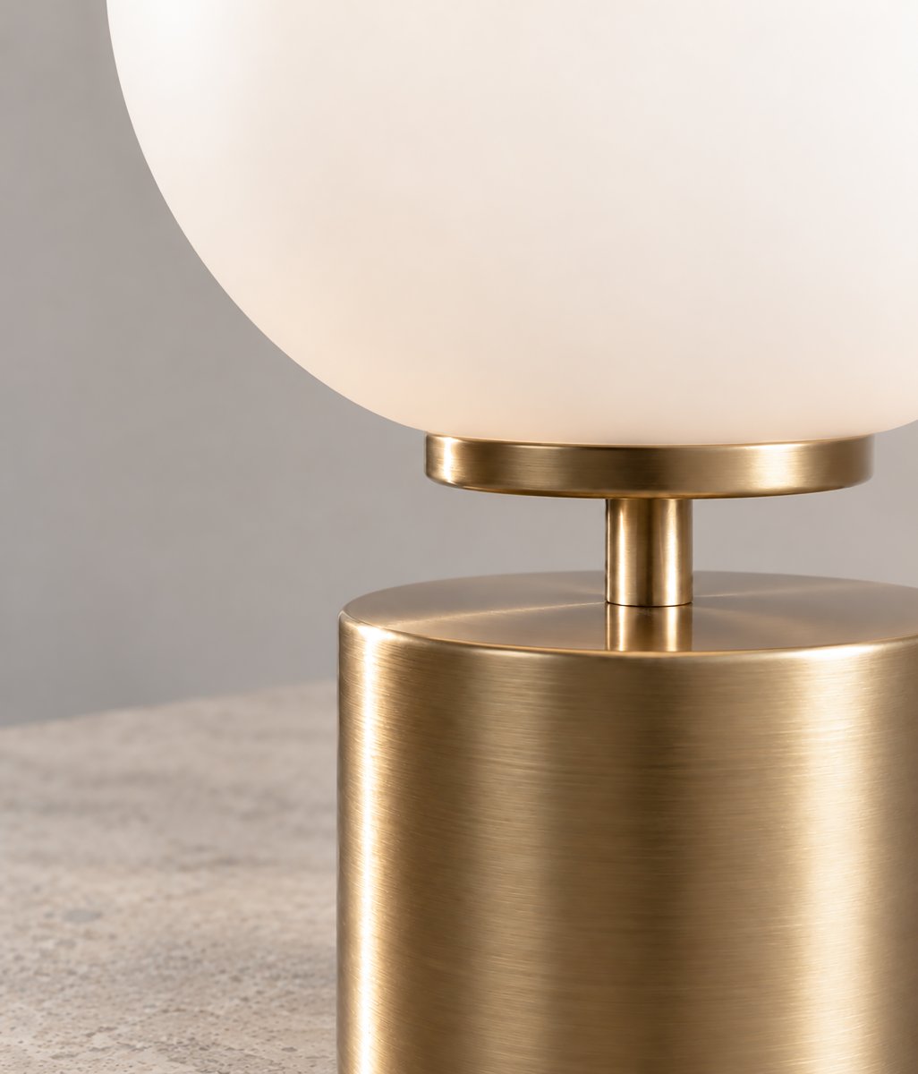 Ballon 24cm Messing bordlampe Fra Herstal - Ballon er en elegant bordlampe med et stilig og tidløst design som kombinerer metall i en vakker satengmessingfinish med en rund skjerm av opalglass.