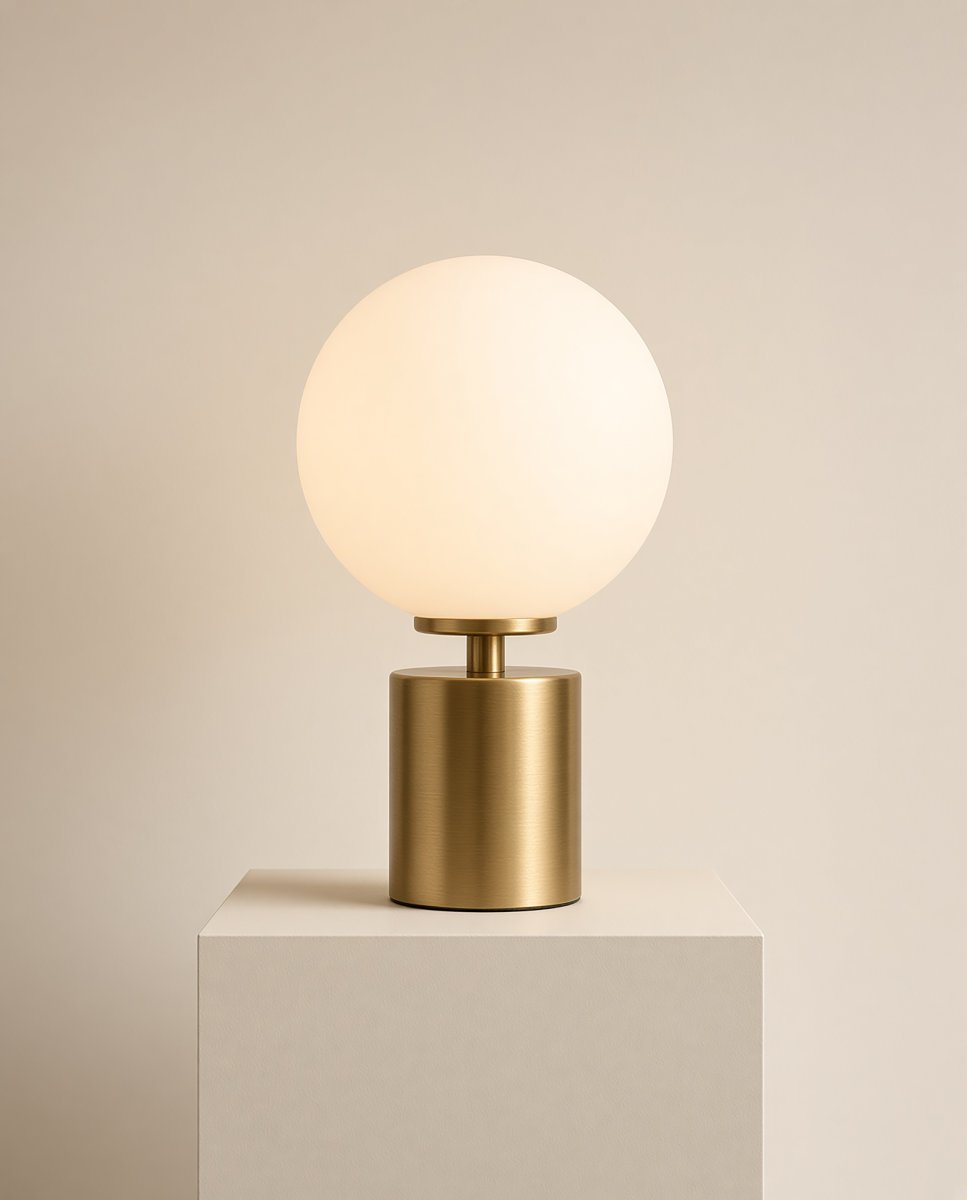 Ballon 24cm Messing bordlampe Fra Herstal - Ballon er en elegant bordlampe med et stilig og tidløst design som kombinerer metall i en vakker satengmessingfinish med en rund skjerm av opalglass.
