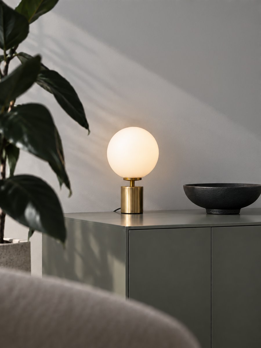 Ballon 24cm Messing bordlampe Fra Herstal - Ballon er en elegant bordlampe med et stilig og tidløst design som kombinerer metall i en vakker satengmessingfinish med en rund skjerm av opalglass.