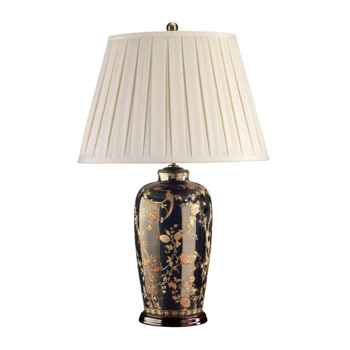 Black Birds 74cm Svart bordlampe Fra Elstead Lighting - Utrustad med en tr&auml;bas, veckad lampsk&auml;rm i kr&auml;mf&auml;rgad textil och en dekorativ avslutning i antikm&auml;ssing.