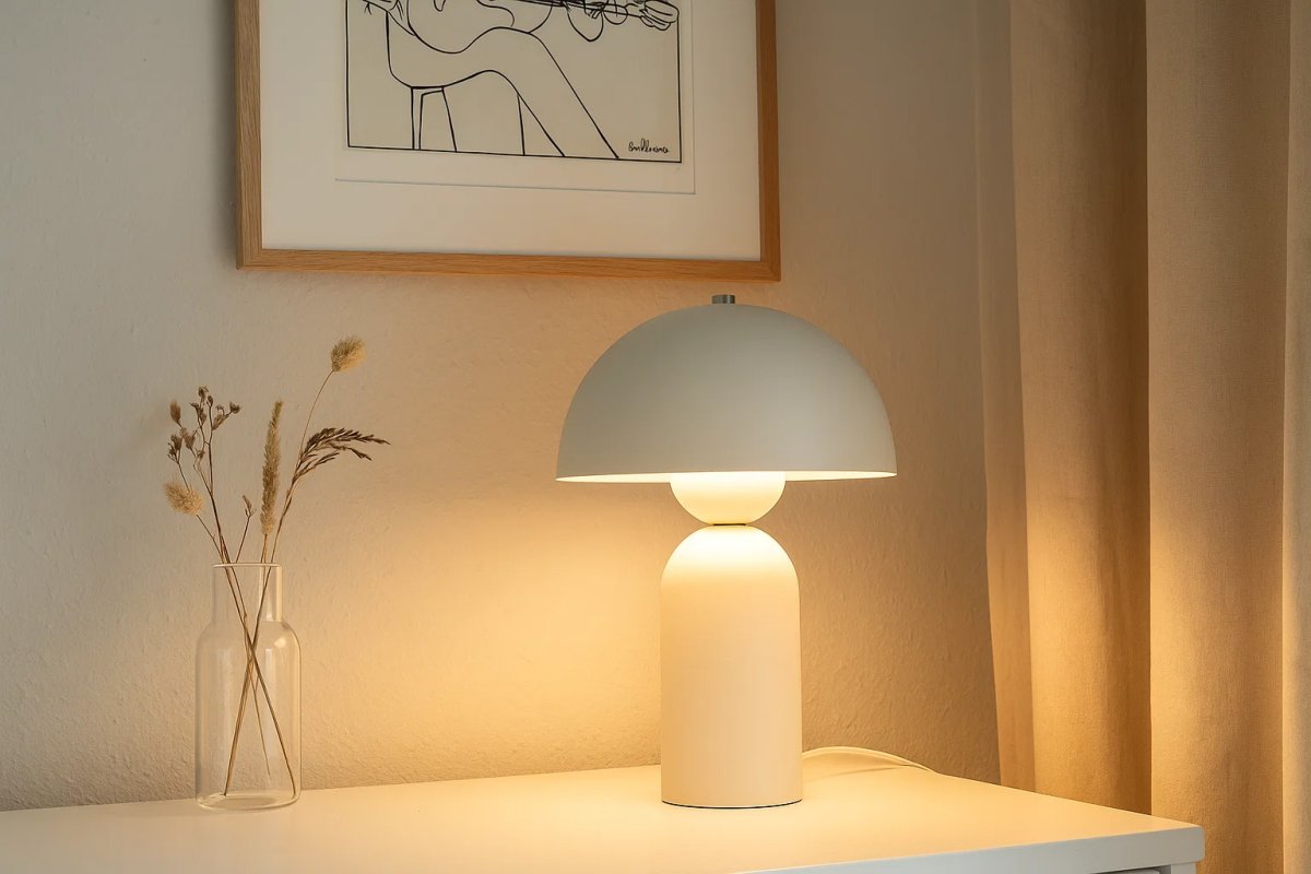 Capello 35cm Hvit bordlampe Fra Nordic Lighting - Den dekorative kromdetaljen p&aring; toppen gir et elegant l&oslash;ft og gj&oslash;r lampen til et vakkert innslag i b&aring;de soverom, stuer og ganger.