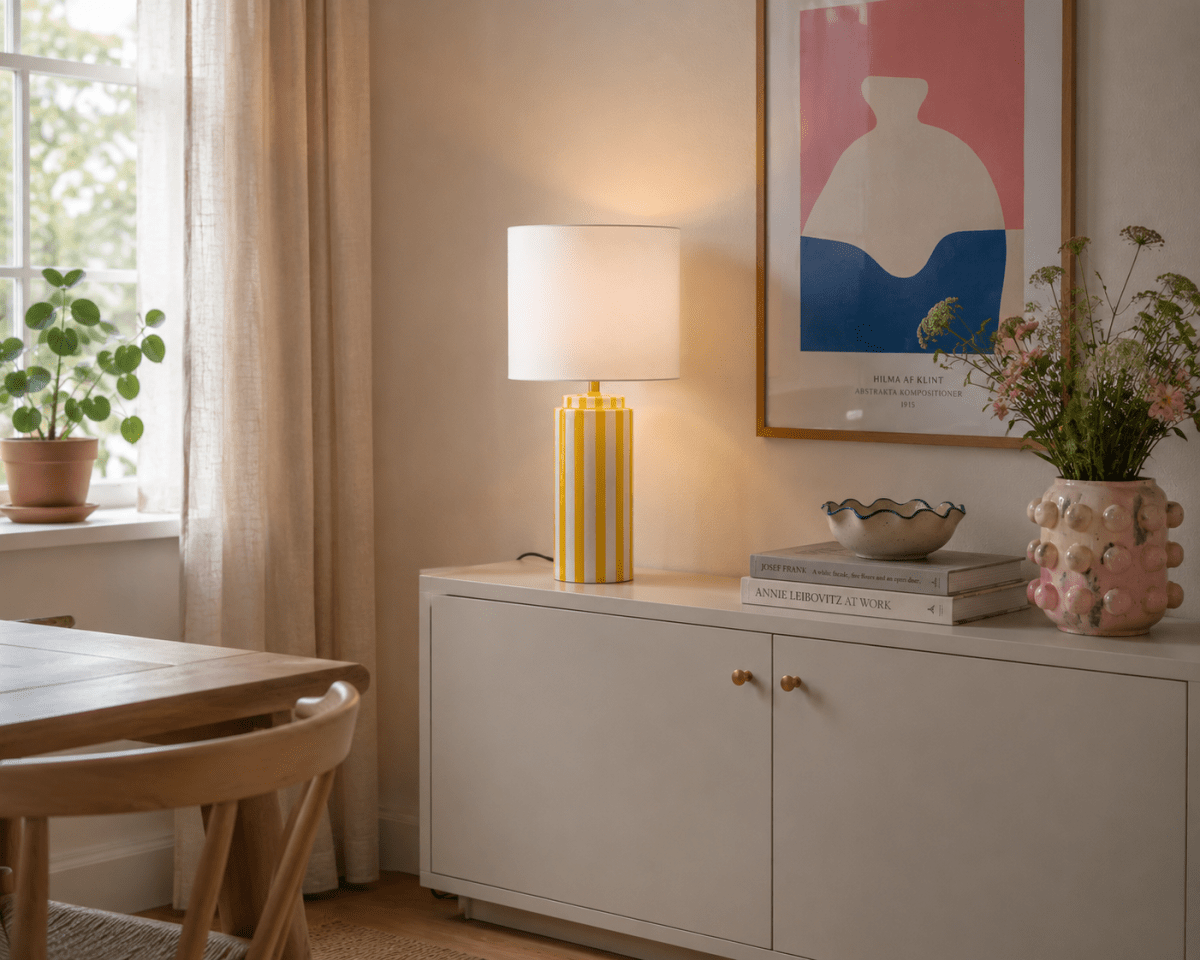 Faro 50cm Gul/hvit bordlampe Fra Nordic Lighting - Lampefoten er laget av keramikk med en kremhvit base og gule striper som gir et livlig, men balansert inntrykk.