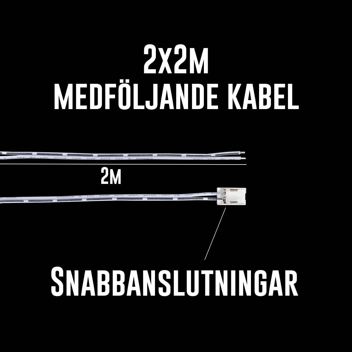 Cobby LED-list 12V 3000K 5m Fra Designlight - Dette er inkludert i pakkenCobby 12V LED-stripe (5 m)2 startkabler, 2 meter per kabelHurtigkontakter for sikker og stabil tilkobling til LED-stripenLED-stripen leveres komplett med to startkabler p&aring; 2 meter hver, utstyrt med n&oslash;ye utvalgte hurtigkontakter som minimerer risikoen for l&oslash;s kontakt.