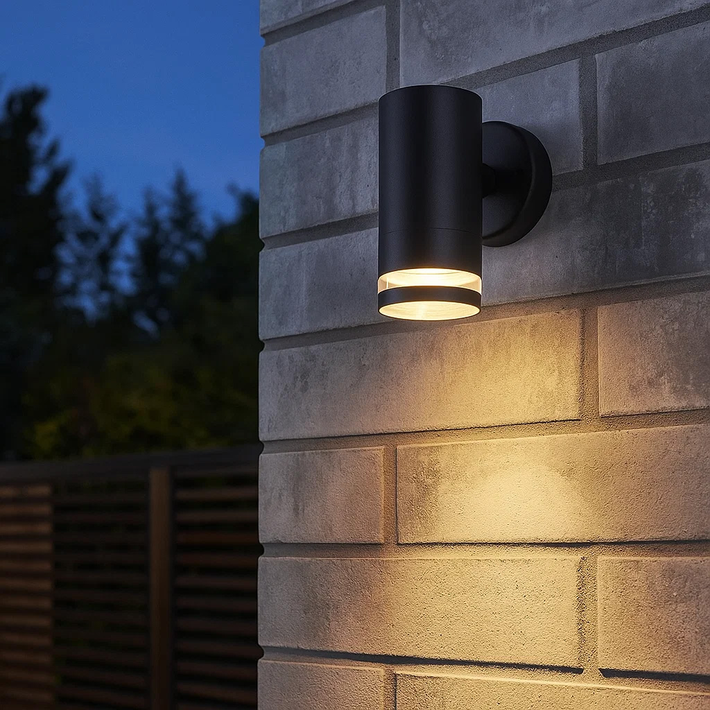 Cylinder Svart utendørslampe Fra Lampan - Lampan lyser fint ner p&aring; v&auml;ggen och skapar en h&auml;rlig atmosf&auml;r.
