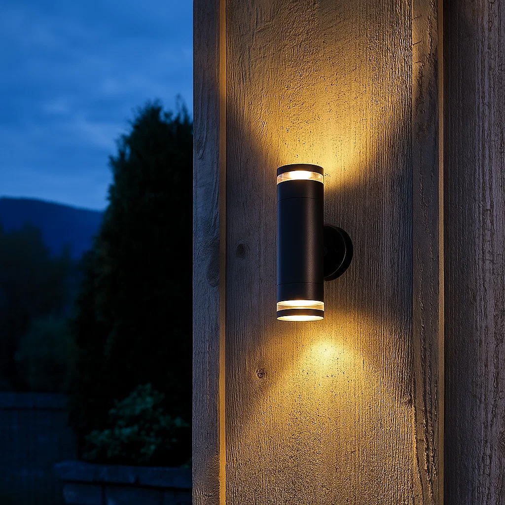 Cylinder duo Svart utendørslampe Fra Lampan - Lampan lyser fint b&aring;de upp och ner p&aring; v&auml;ggen.