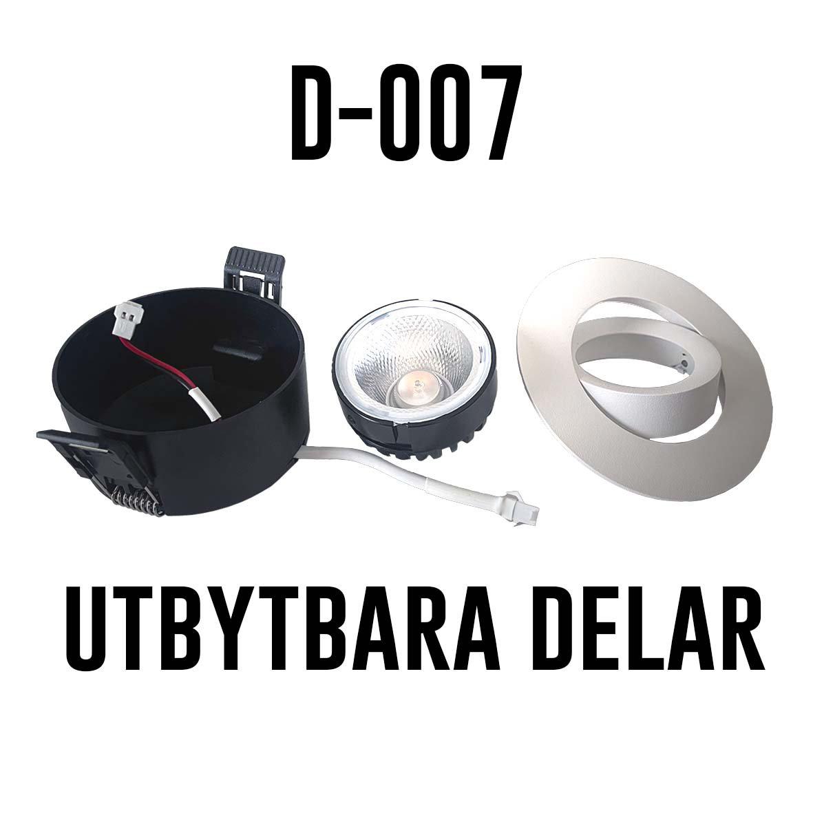 D-007 Downlight 2700K Hvit Fra Designlight - For de som &oslash;nsker en downlight som skiller seg ut, finnes det en armaturfront/dekorring som kan bestilles som tilbeh&oslash;r i fargene gull, krom, bronse, antikk messing og b&oslash;rstet sateng.