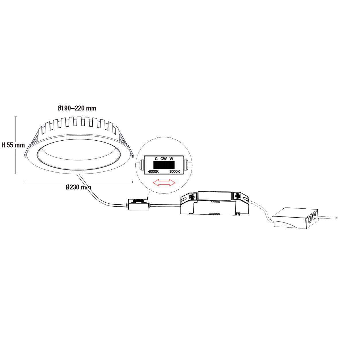 City Downlight 28/32/36W Hvit Fra Designlight - Effektinnstillingen gj&oslash;res i forbindelse med driverens sekund&aelig;rside, og lystemperaturen stilles inn via en kontroll p&aring; kabelen mellom driveren og lysenheten.