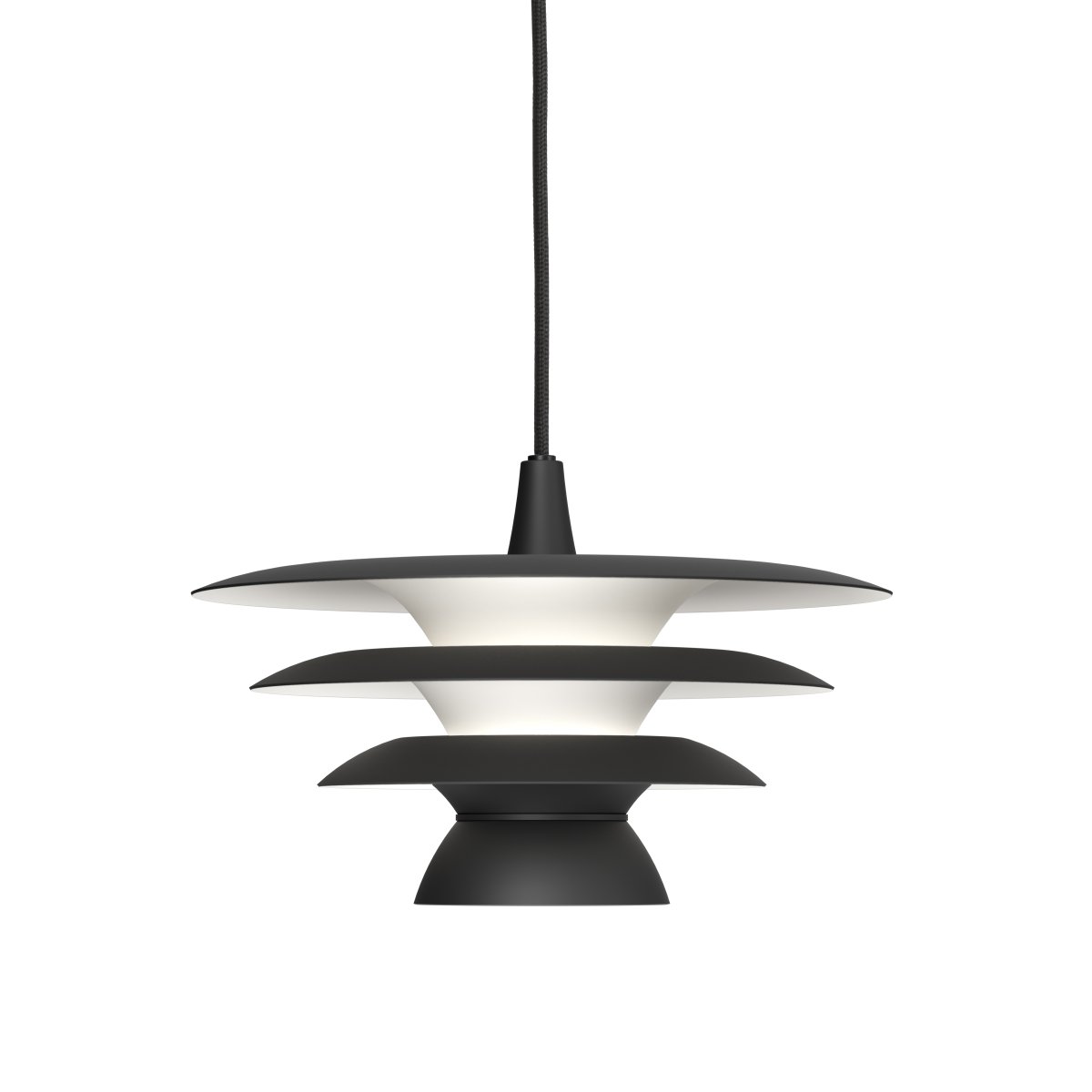 DaVinci Ø30 Matt svart Taklampe Fra Belid - Lampen er laget av metall og best&aring;r av tre skjermer i forskjellige st&oslash;rrelser som sammen skaper et stilig og uttrykksfullt design.
