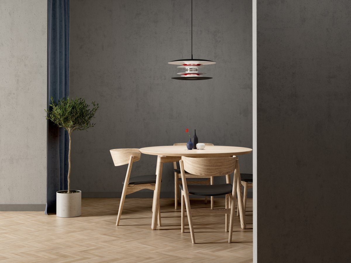 Diablo Ø50 Svart/rød Taklampe Fra Belid - Diablo-pendelen er en del av den eksklusive Diablo-familien, designet av Joakim Fihn, og er ogs&aring; tilgjengelig som gulv-, bord- og vegglampe.