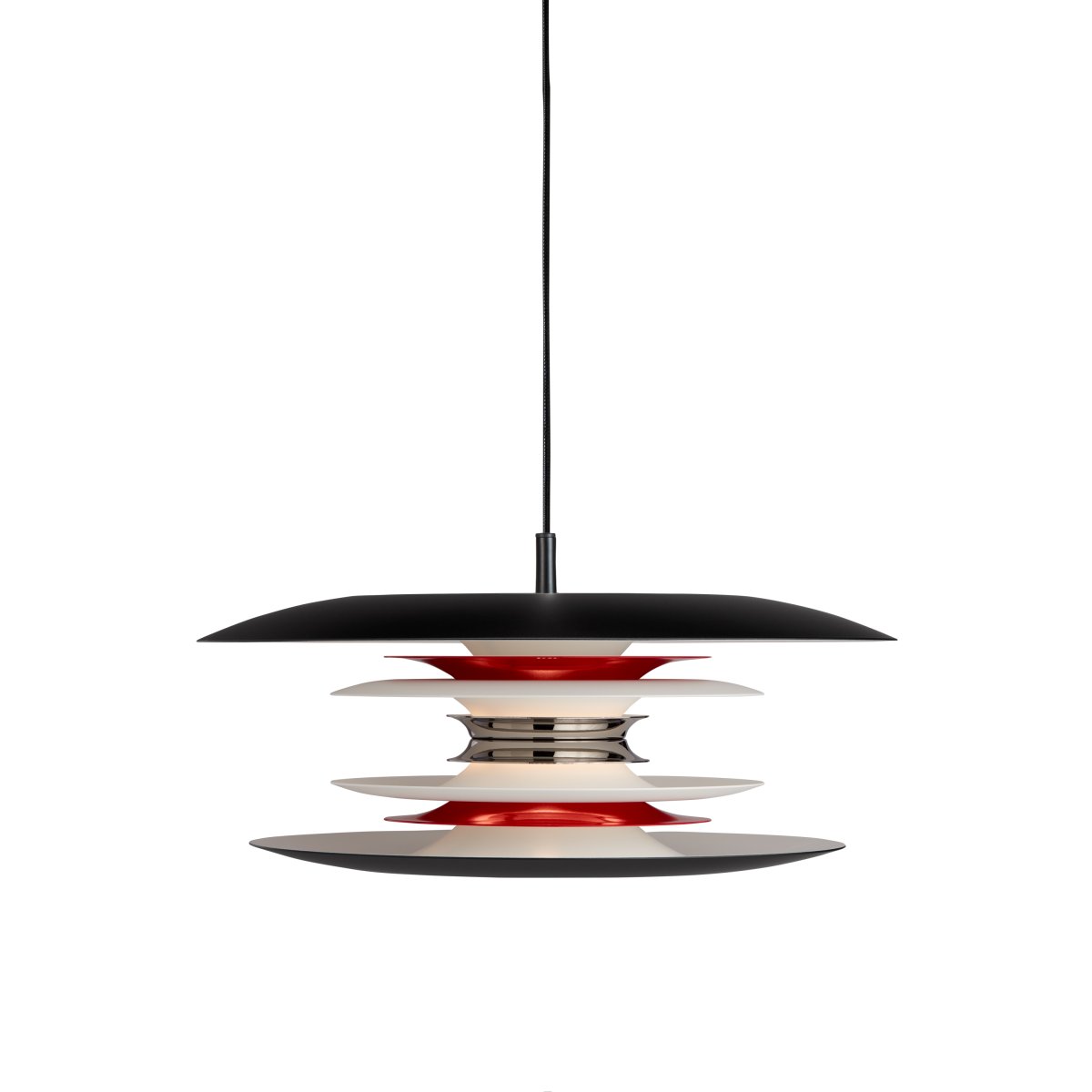 Diablo Ø40 Svart/rød Taklampe Fra Belid - Diablo-pendelen er en del av den eksklusive Diablo-familien, designet av Joakim Fihn, og er ogs&aring; tilgjengelig som gulv-, bord- og vegglampe.